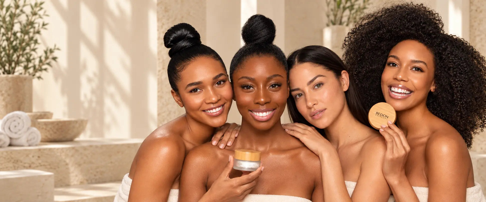 Four women with distinct skin tones and hair textures sharing a BEDON skincare ritual