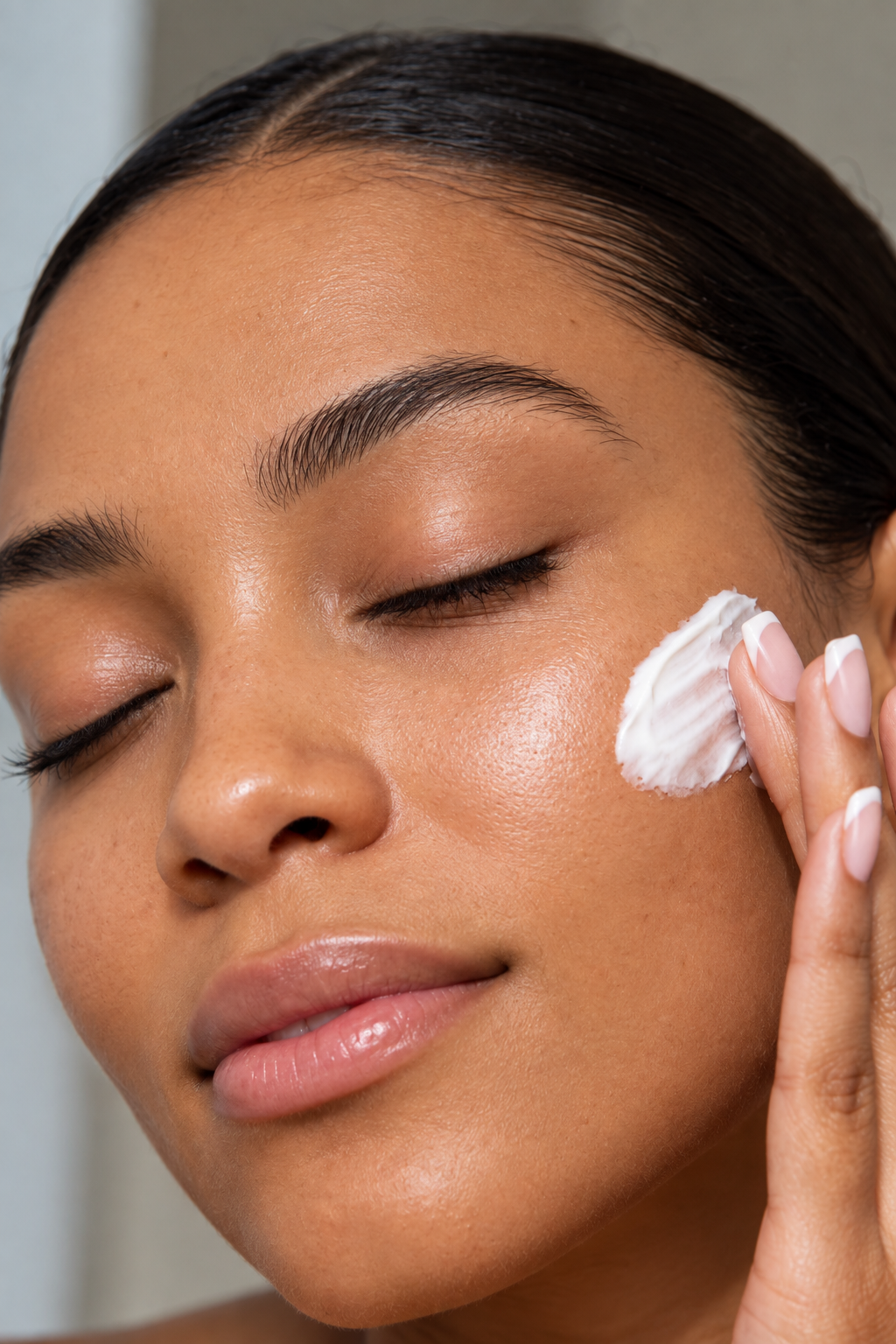 Woman applying BEDON moisturizer to naturally radiant skin