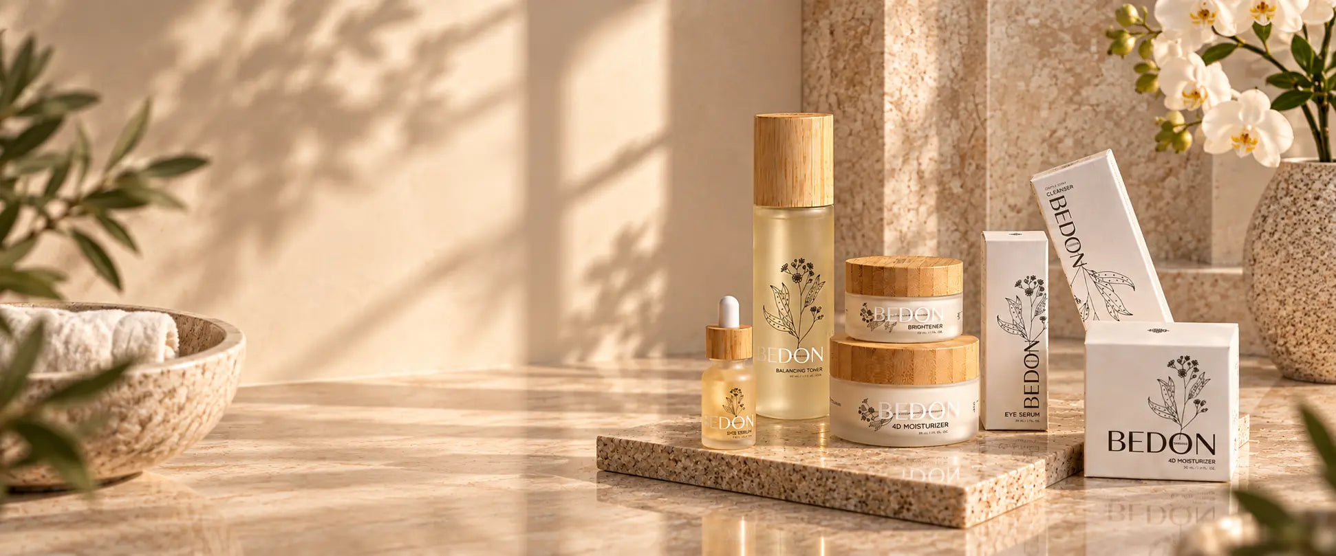 The complete BEDON skincare ritual in a warm luxury spa setting
