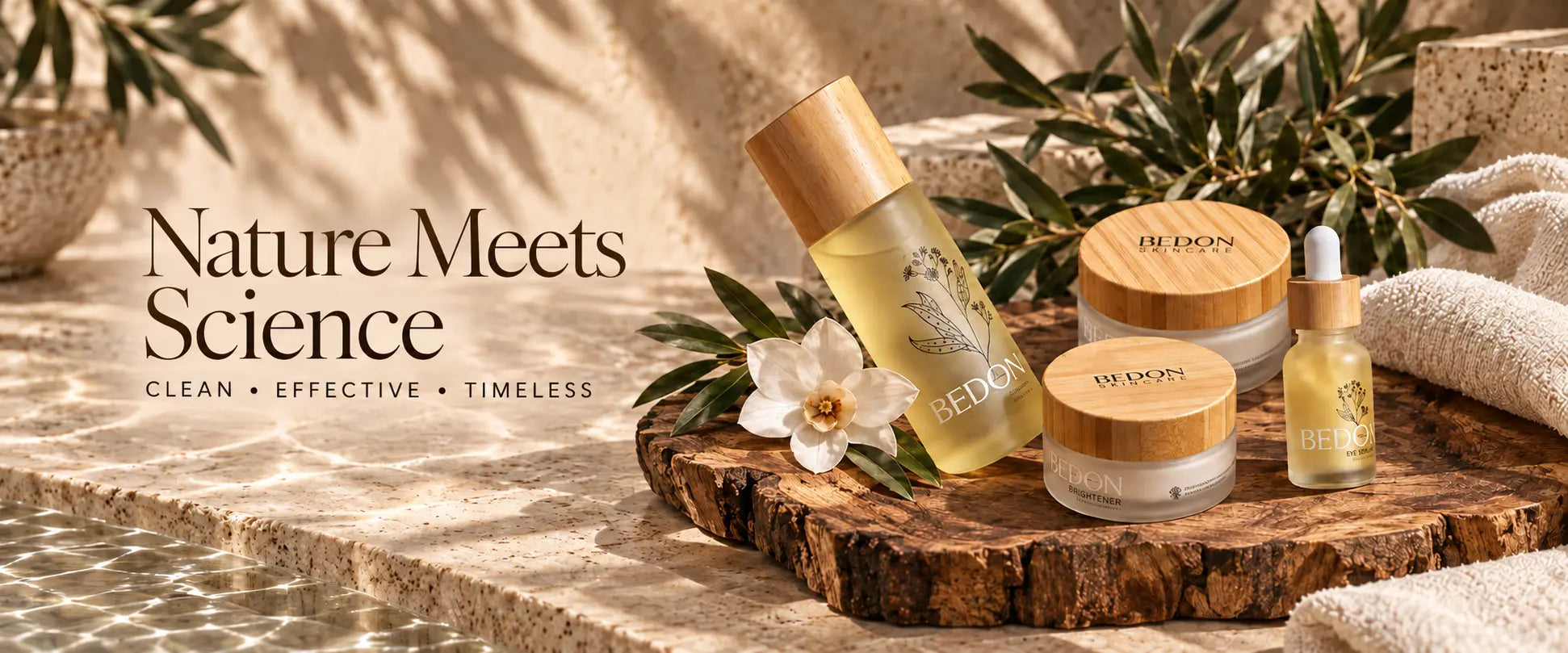 BEDON cleanser, moisturizer, brightener, and eye serum arranged in a warm natural spa setting